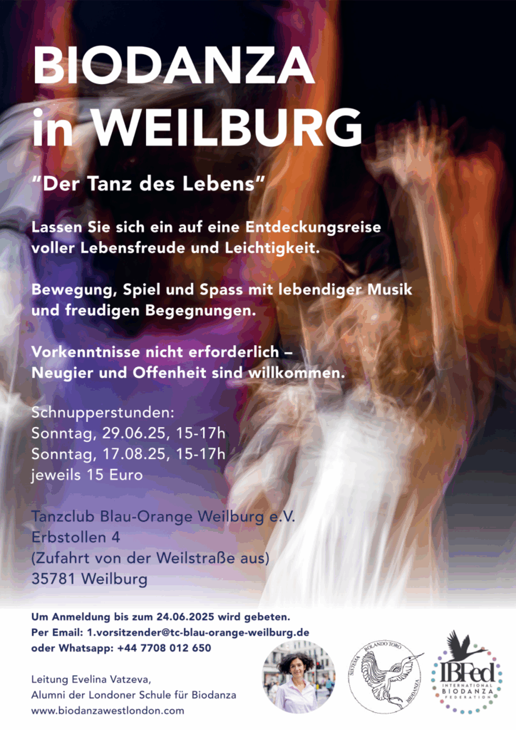 Biodanza - Schnupper-Workshops
am 29.06.2025 und 17.08.2026, jeweils 15-17 Uhr mit Evelina Vatzeva