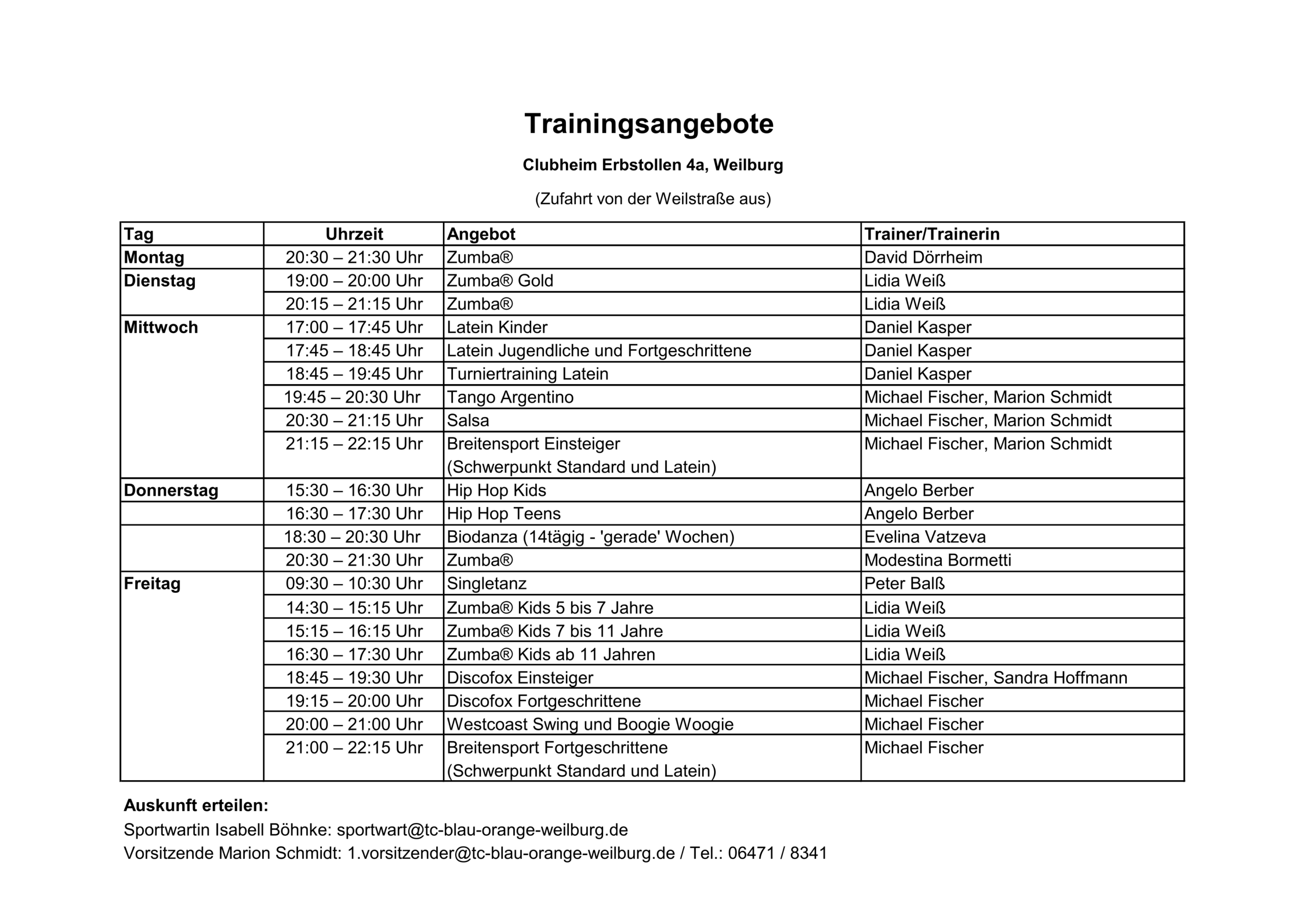 Trainingsplan / Angebot
Stand 01.01.2026