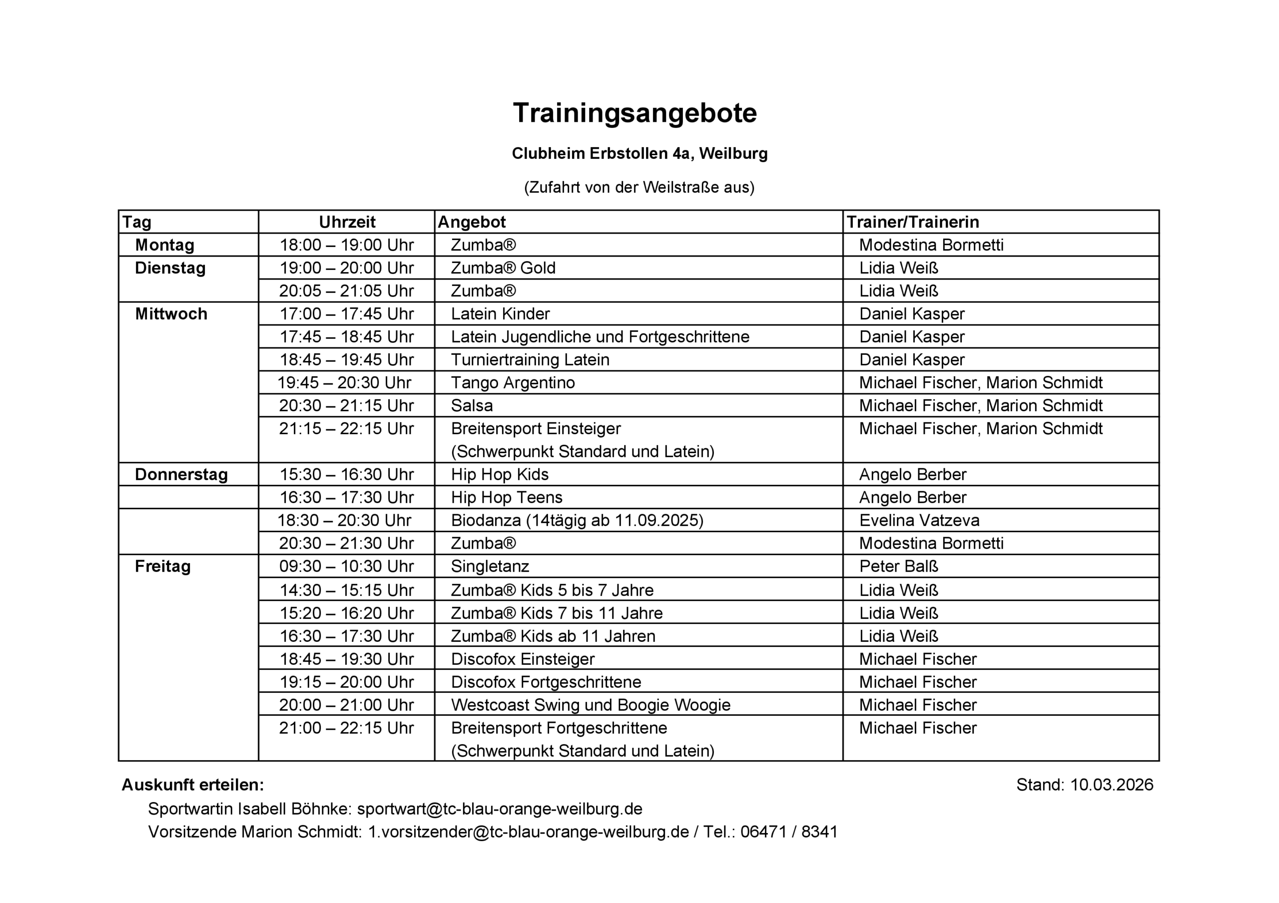 Trainingsplan Stand 10.03.2026