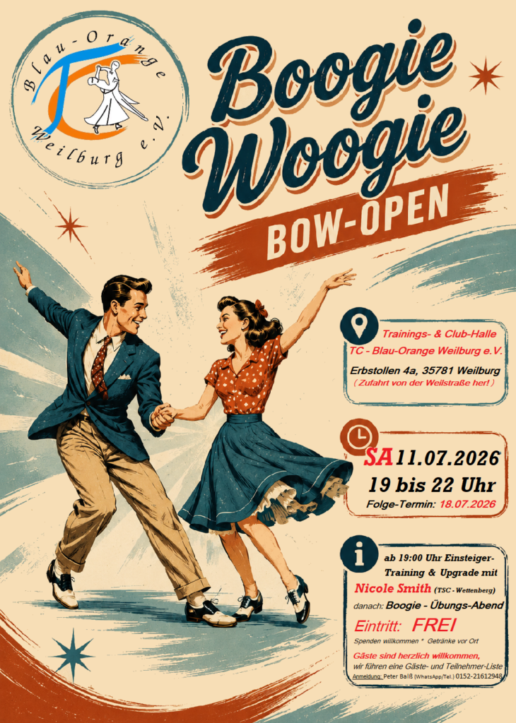 BOW-Open - BOOGIE WOOGIE 
am SA, 11.07.2026 ab 19:00 Uhr
mit NICOLE SMITH
bei TC Blau-Orange Weilburg e.V.
