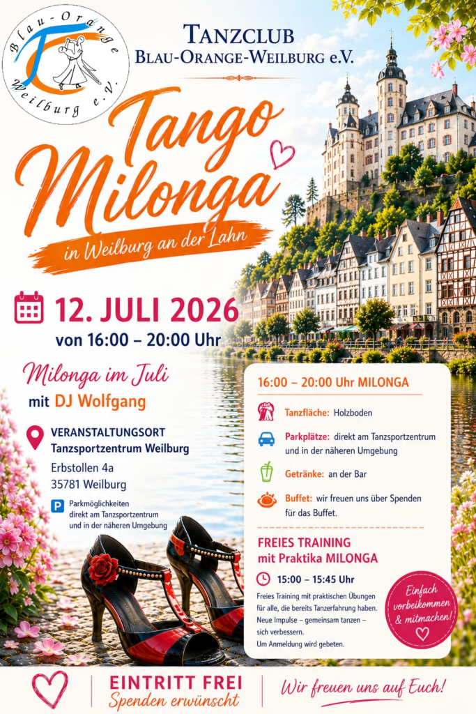TANGO ARGENTINO – am 12.07.2026 – Instruction ab 15:00 Uhr & MILONGA – Übungs-Nachmittag ab ca. 15:45 Uhr.