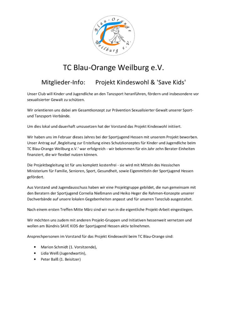 Der TC Blau-Orange Weilburg e.V. startet in das lokale Projekt KINDESWOHL mit Unterstützung der Sportjugend Hessen !