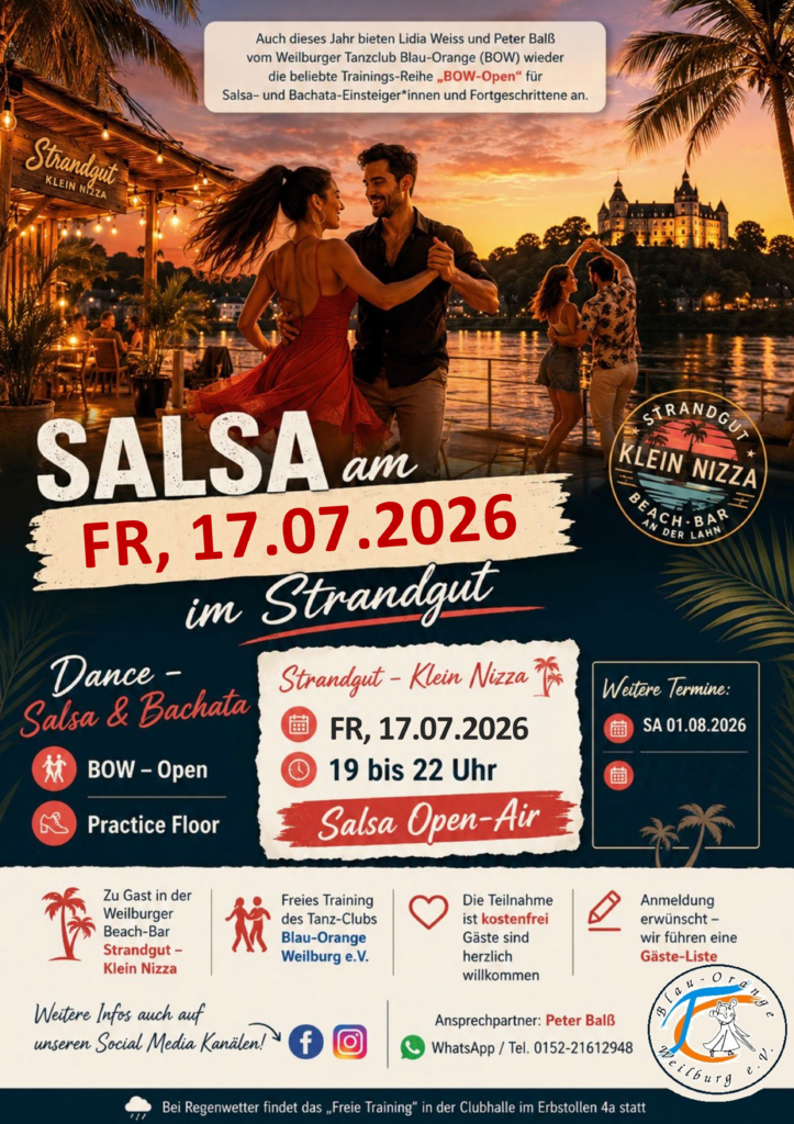 Flyer: BOW-Open - SALSA und Bachata am FR, 17.07..2026, 19-22 Uhr im Strandgut in Weilburg