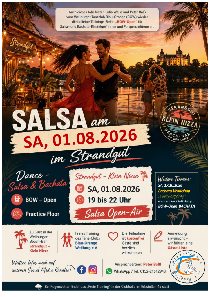 SALSA und BACHATA – Open Air am SA, 01. August 2026, ab 19:00 Uhr im 'Strandgut' in Weilburg