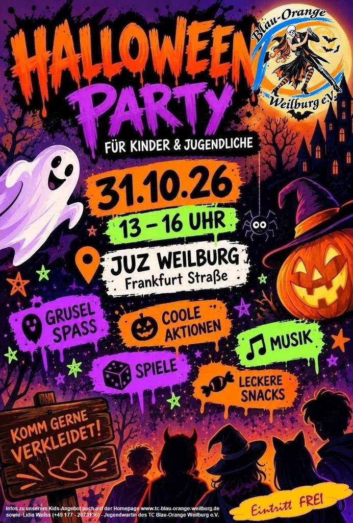 Flyer: 	Halloween Dance and Fun am SA, 31.10.2026 im Jugendclub Weilburg von 13:00 bis 16:00 Uhr für Kinder und Jugendliche